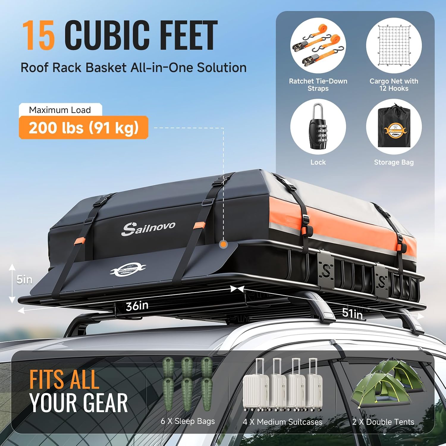 Sailnovo 51"x 36"x 5" Heavy Duty Roof Rack Cargo Basket with Extension, 200 LBS Universal Steel Rooftop Carrier with 15 Cu.Ft Waterproof Soft Bag+Lock+Net+2 Strap for SUV, Truck, RV, Pickup