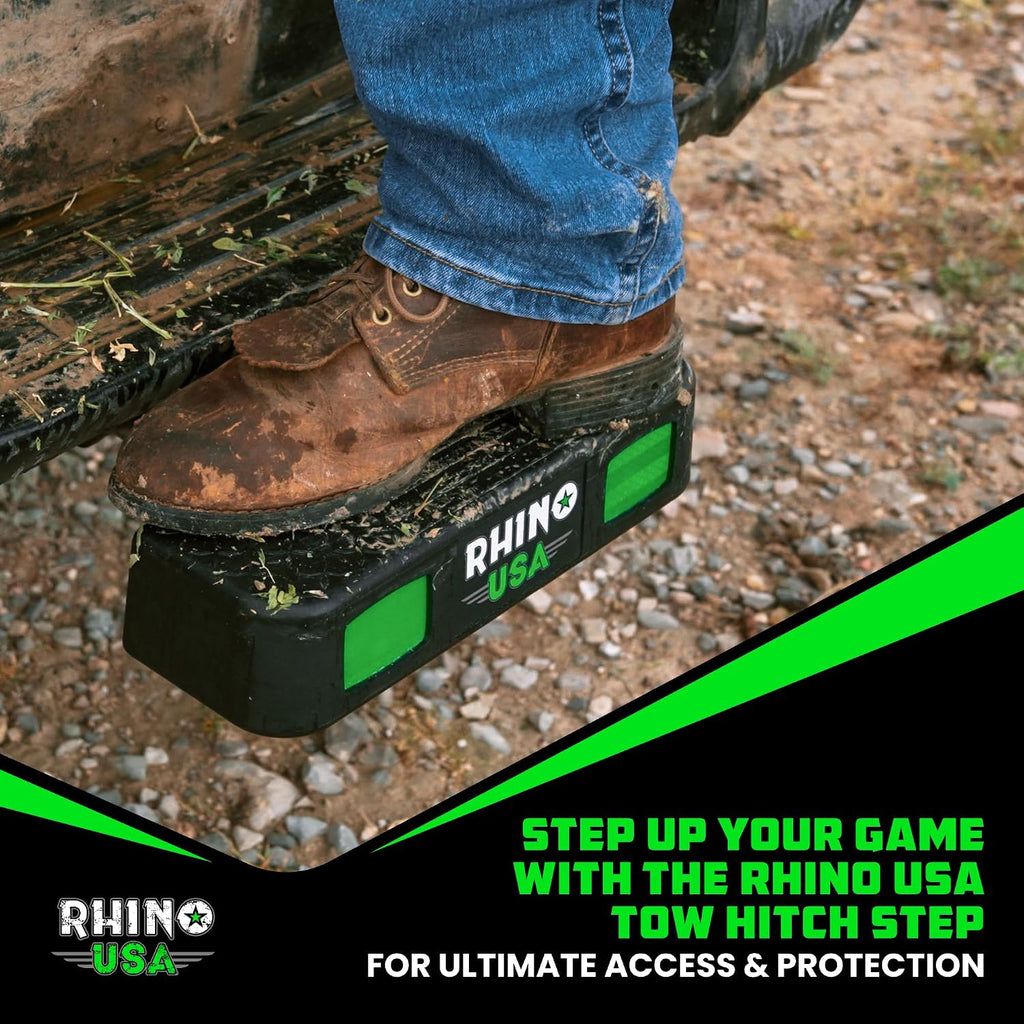 Rhino USA Tow Hitch Step for 2IN Receivers. Anti-Slip Grip, Reflective Material and Bumper Protection Perfect for Trucks, SUV's and More - Locking Trailer Hitch Pin Included! - Black