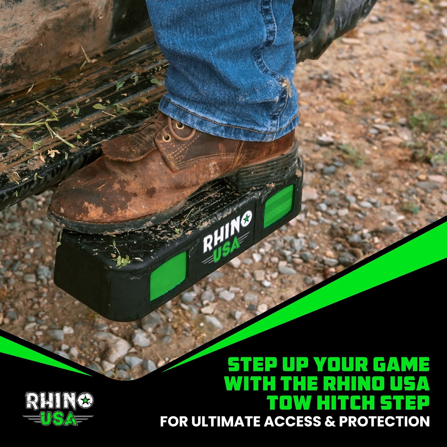 Rhino USA Tow Hitch Step for 2IN Receivers. Anti-Slip Grip, Reflective Material and Bumper Protection Perfect for Trucks, SUV's and More - Locking Trailer Hitch Pin Included! - Black