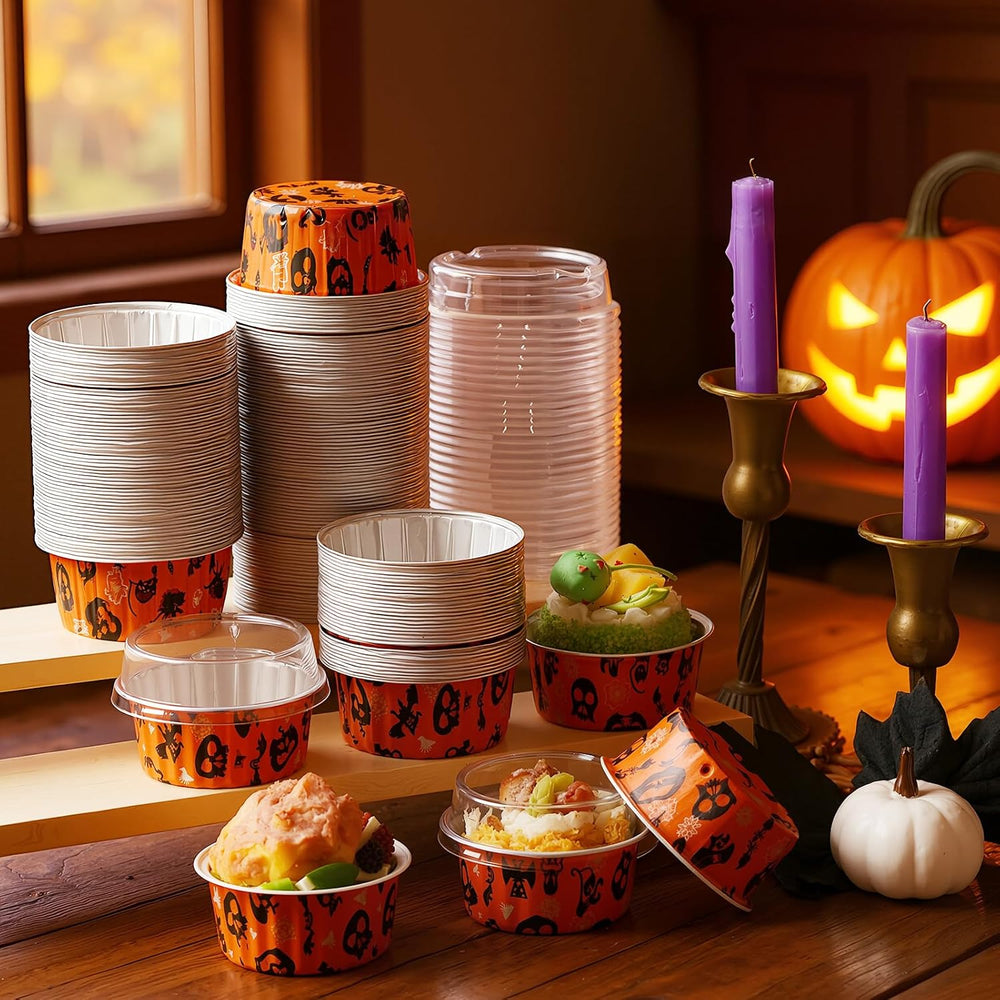 200 Set 5 oz Foil Baking Cup with Lid, Halloween, Orange