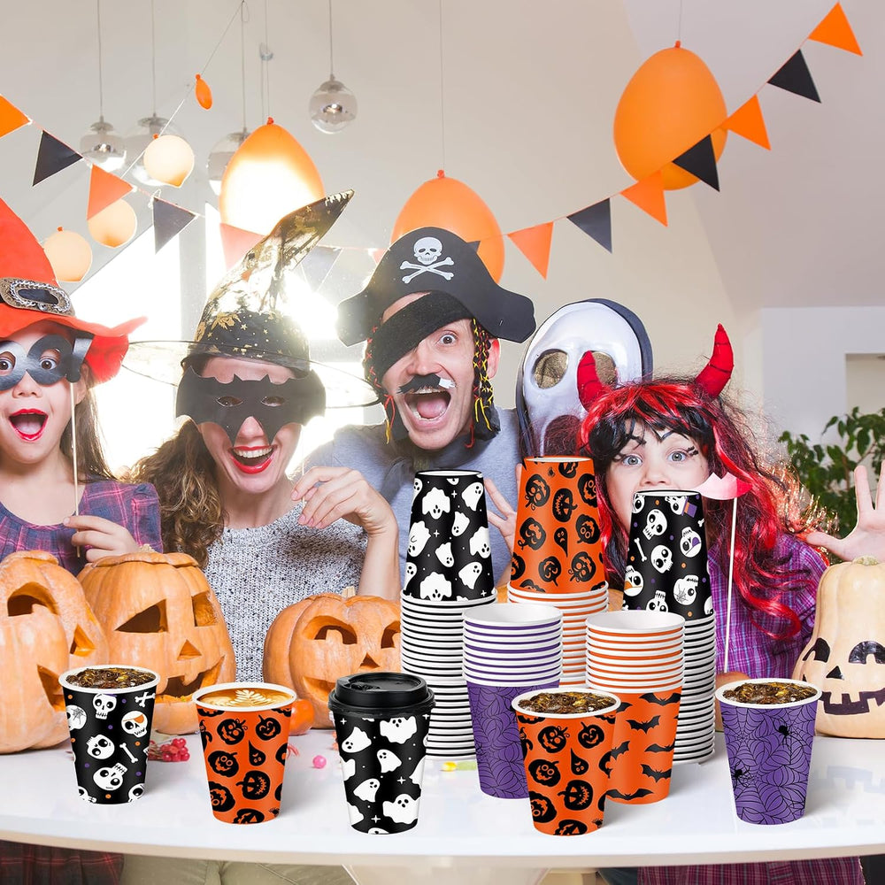 100 Set Halloween Disposable Coffee Cups with Lids 12oz, Bulk Black Orange Pu...