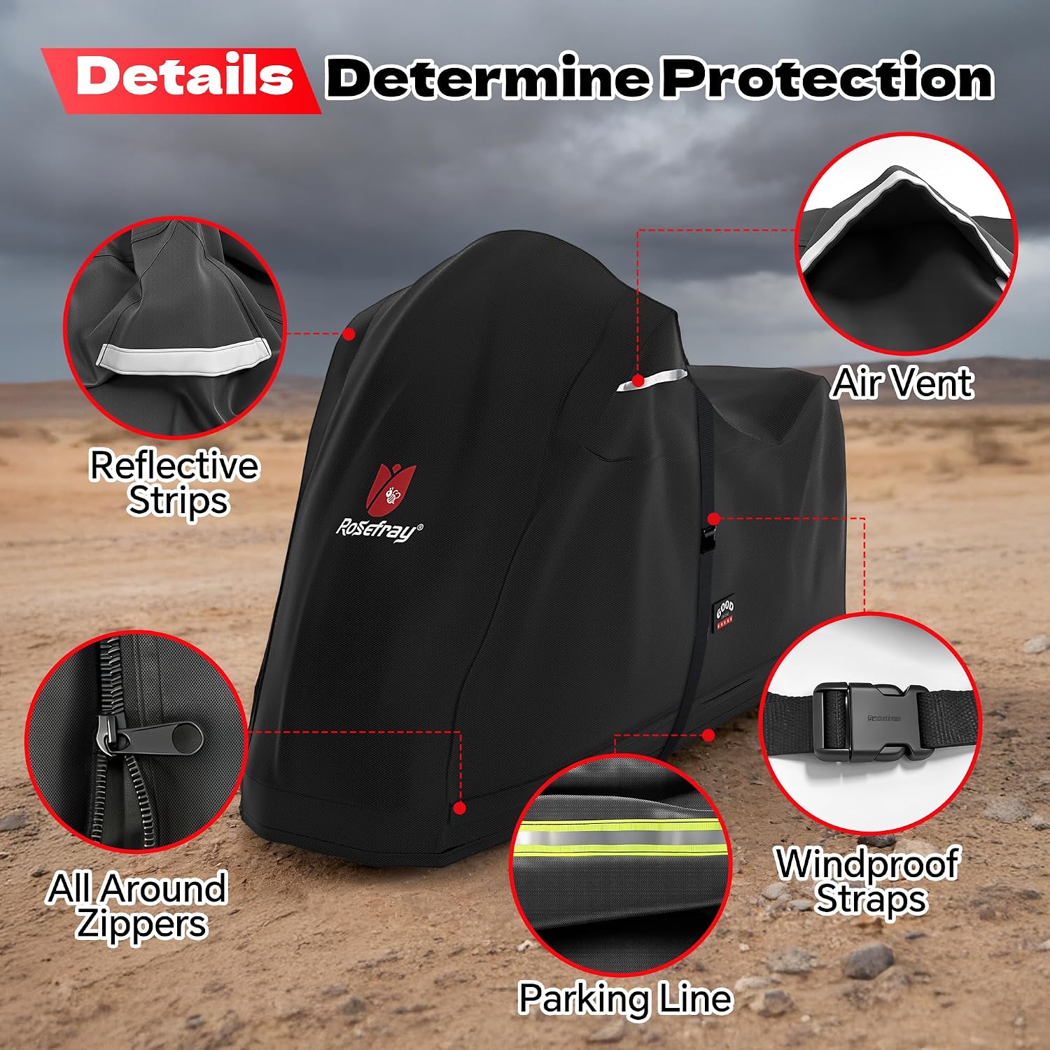 Full Enclosed Motorcycle Cover,600D Waterproof Motorcycle Cover Outdoor/Indoor UV Resistant with Reflective Strips Fits Length up to 96.5" Motorcycles Yamaha Honda Harley Suzuki Black