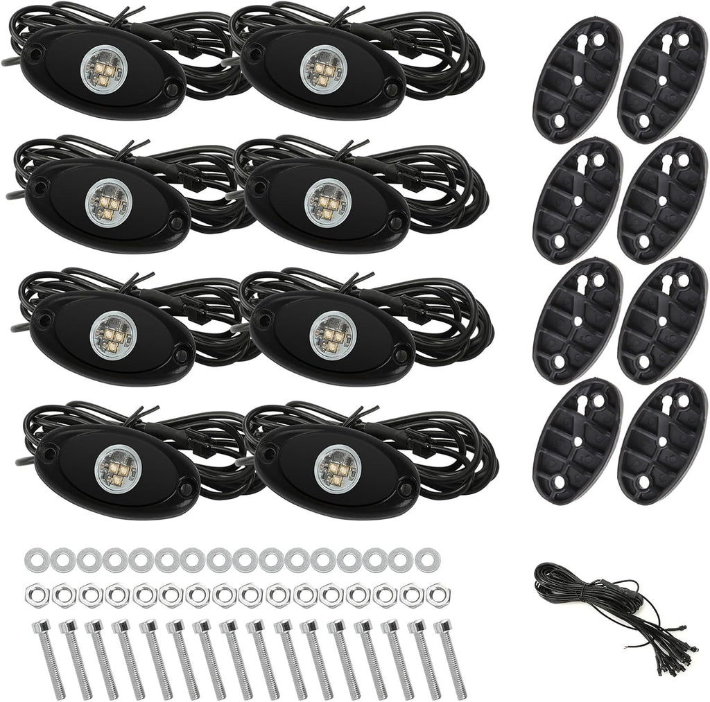SUNPIE 8 Pods Quick Connect Blue Rock Lights, 4M Extension Wires Each Light, 3 High Power Chips, Rubber Mounting Pads, IP67 Waterproof Rock Lights Fits for Trucks Trailer Cars SUV ATV UTV Boats