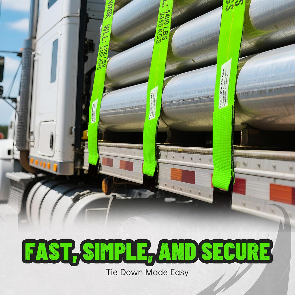 4 Pack 4" x30' Winch Straps with Flat Hooks, 16200LBS Break Strength Heavy Duty Tie Down Straps for Flatbed Trucks, Trailers, Cargo Control