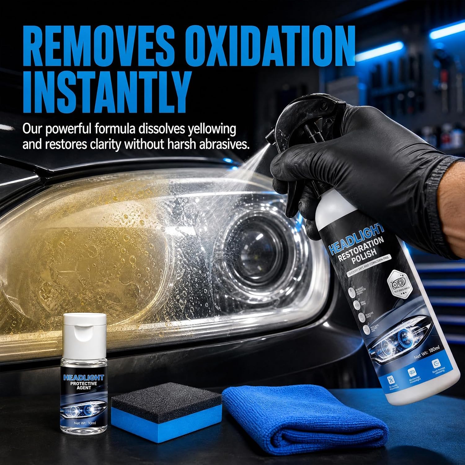 FKMEE Automotive Headlight Restoration Kit, Headlight Cleaner & Restoration Polish for Oxidized and Yellowed Headlights, Enhanced Crystallization Coating for Maximum Gloss, Shine & Clarity (1)