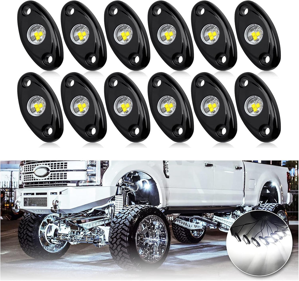 OPP ULITE White LED Rock Lights Kit, 12 Pods Underglow for Jeep Offroad Truck Car ATV SUV Boat Motorcycle Vehicle Under Body Glow Lamp Trail Fender Lighting (12pods Rock W)