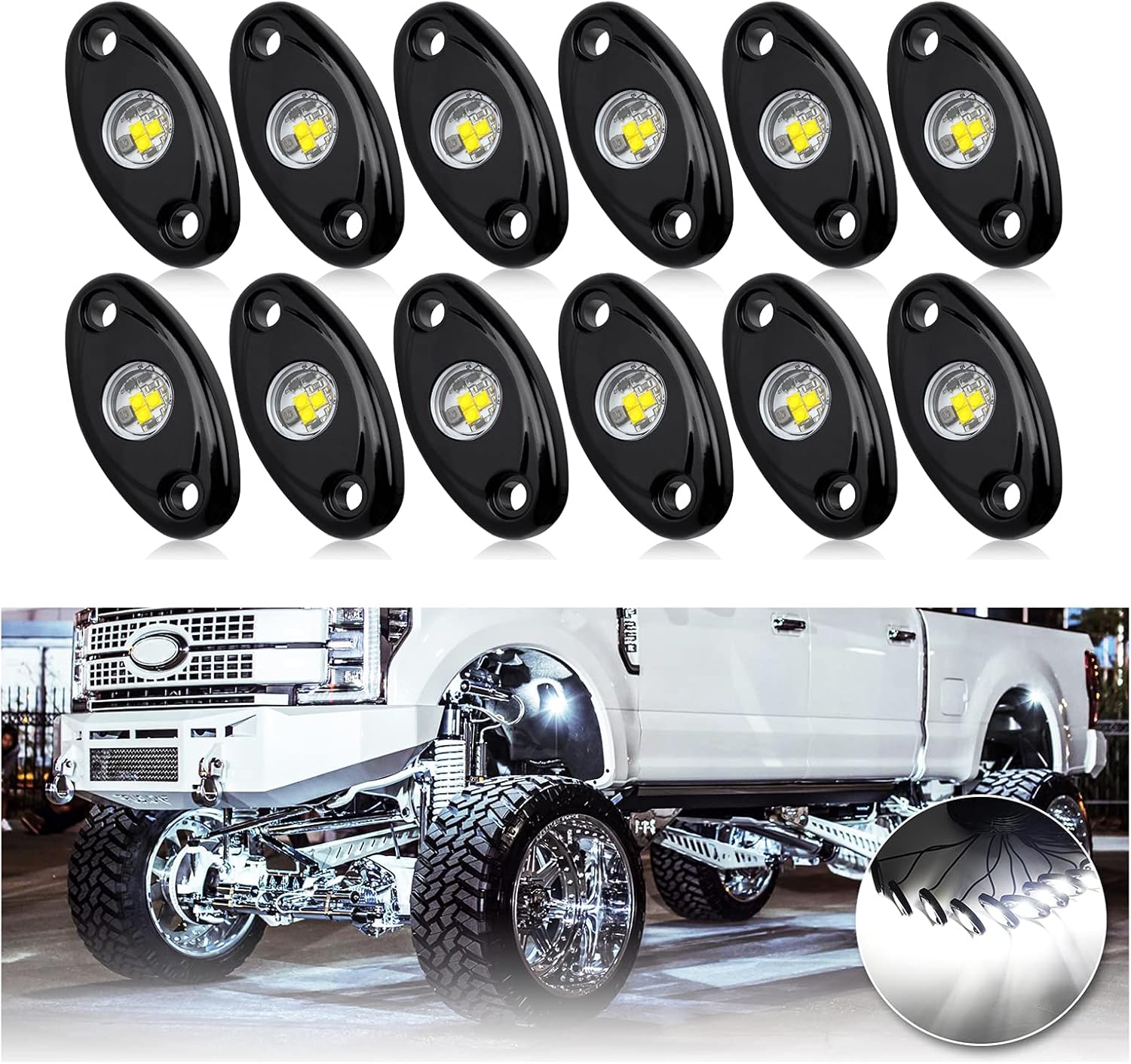 OPP ULITE White LED Rock Lights Kit, 12 Pods Underglow for Jeep Offroad Truck Car ATV SUV Boat Motorcycle Vehicle Under Body Glow Lamp Trail Fender Lighting (12pods Rock W)