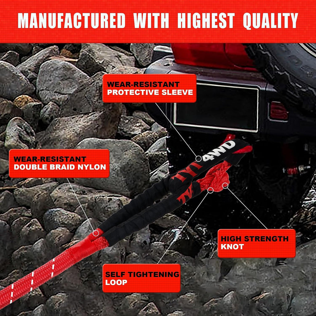 TYT Kinetic Recovery Rope,(1.26 in x 30ft Red) 56,000lbs Snatch Strap, Heavy Duty Stretch Nylon Towing Ropes with 2pcs Soft Shackles for Offroad Vehicle, Jeep, SUV, ATV, UTV, Tractor Elastic Ropes Kit