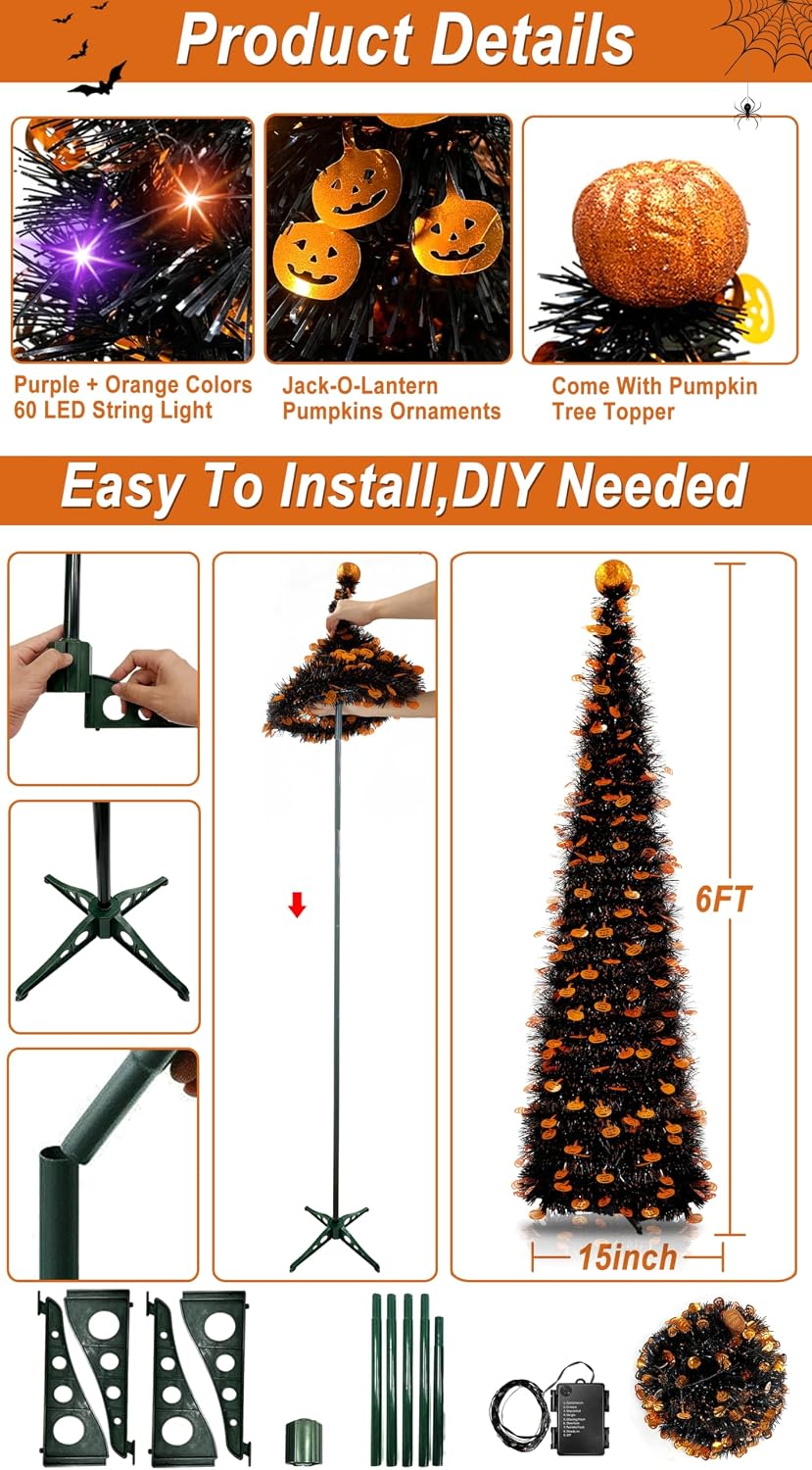 6 Ft Black Tinsel Halloween Tree with Lights Halloween Decorations