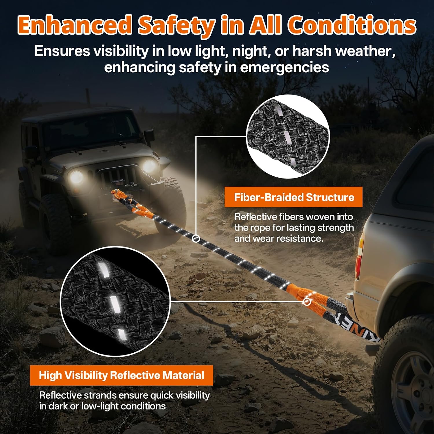 Kinetic Recovery Tow Rope - 1.26" x30FT 55000LBS Reflective Heavy Duty Snatch Strap Kit with Soft Shackles for Offroad Pulling Truck SUV UTV ATV Car Jeep - Black