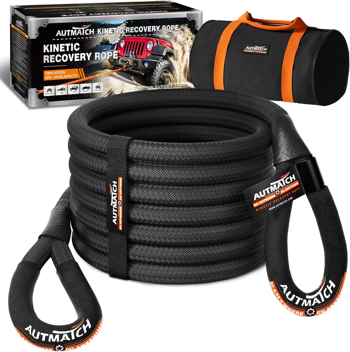 AUTMATCH Kinetic Recovery Tow Rope 1" x 30FT - Heavy Duty Energy Recovery Tow Rope 48000Lbs, 35% Elasticity Offroad Snatch Strap for 4x4 Off-Road Vehicle, Truck, Trailer, ATV, UTV, Black