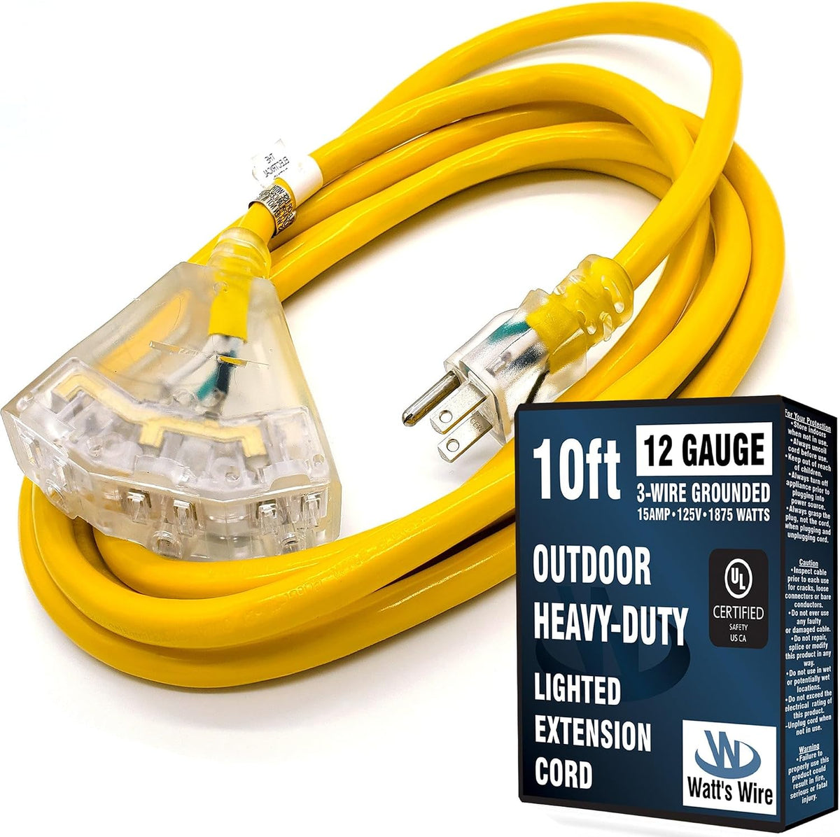 10 ft - 12 Gauge Heavy Duty Extension Cord - 3 Outlet Lighted SJTW -