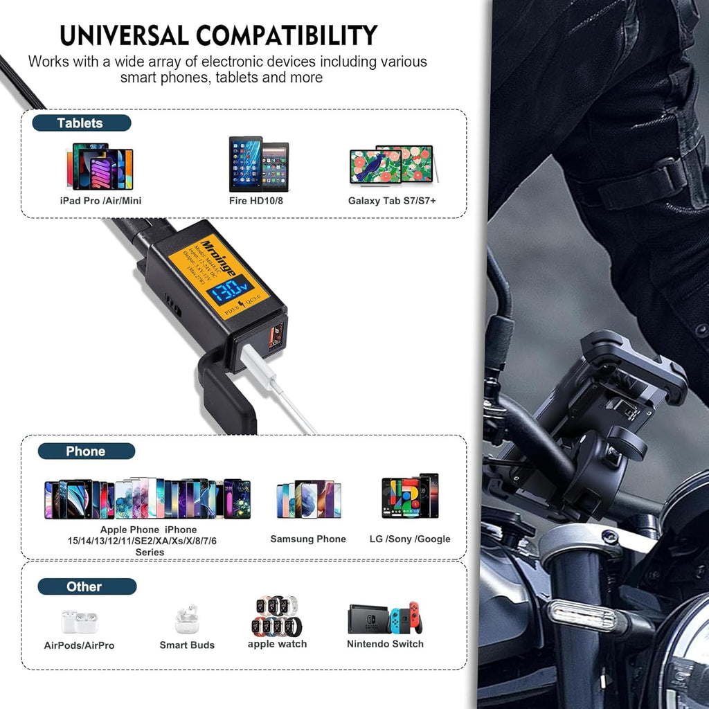 Mroinge Motorcycle USB-C Charger, SAE to USB Adapter, 27W Dual Port USB Fast Charger with Voltmeter/Ammeter and ON/Off Switch, Perfect for Phone, Tablet, GPS etc Charging
