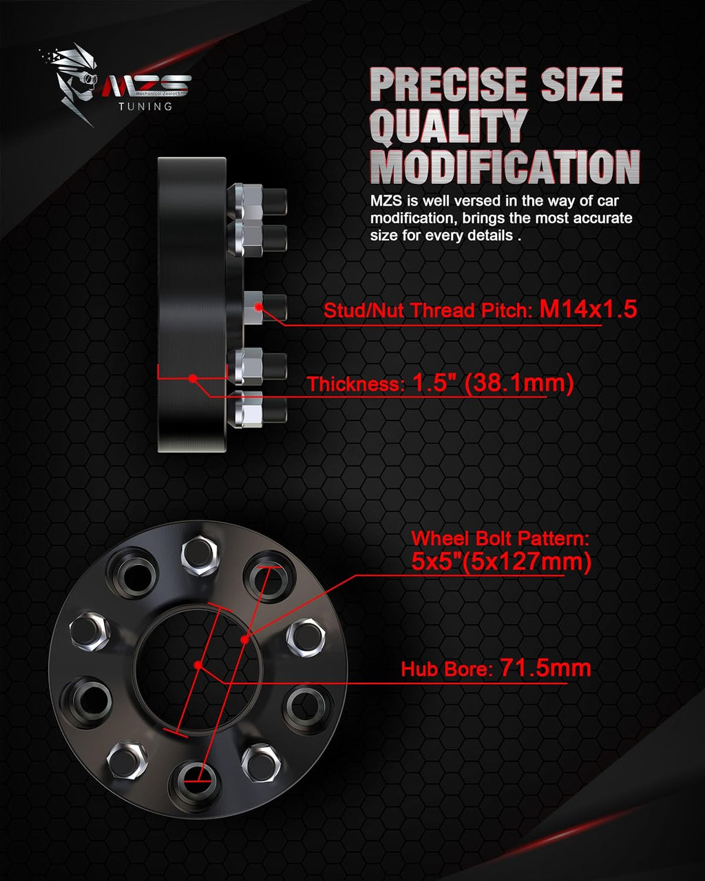 MZS 5X5 Wheel Spacers, 1.5" Thick - 5X127 Bolt Pattern 71.5mm Hub Bore M14x1.5 Studs - Compatible with Wrangler JL 2018-2025 / Grand Cherokee 2011-2025 / Durango 2011-2025 / Gladiator JT 2020-2025