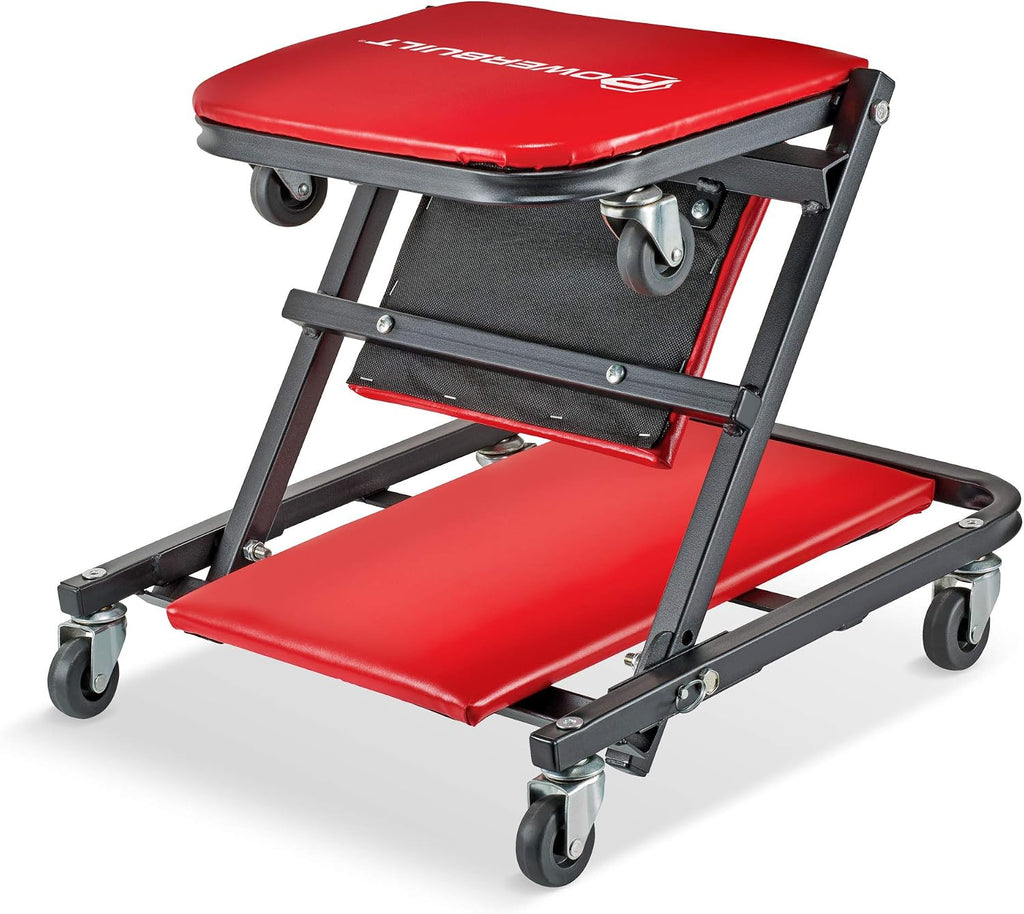 Powerbuilt 36 in. ZAG 2-in-1 Floor Creeper and Rolling Seat – Convertible Design with Padded Headrest, Durable Steel Frame, and Six 2 in. Casters for Easy Maneuvering – 620513