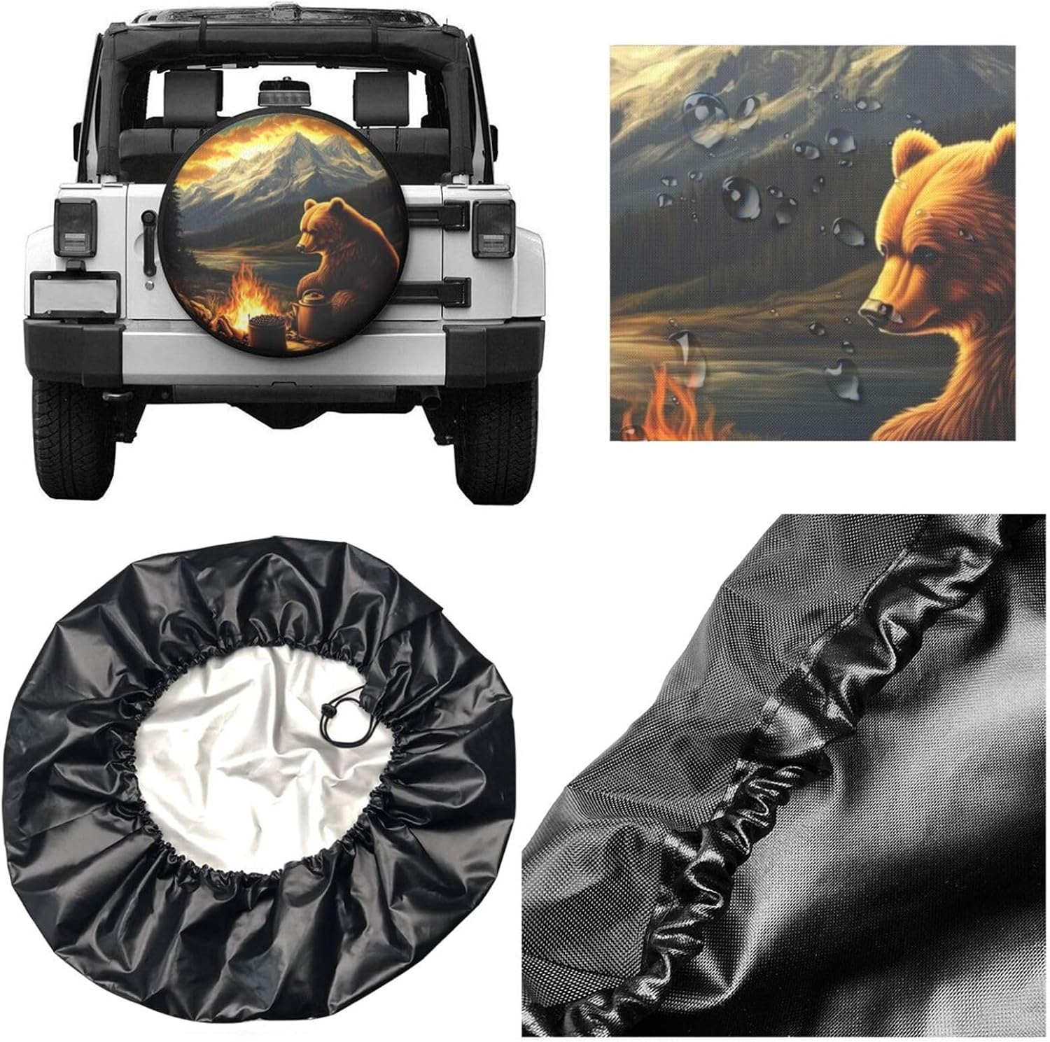 Bear with Mountains Spare Tire Cover for Trailer Rv SUV Truck Camper,Funny Cute Tire Cover Waterproof Wheel Protectors for Camping Outdoor Travel,Universal Fit,15 inch