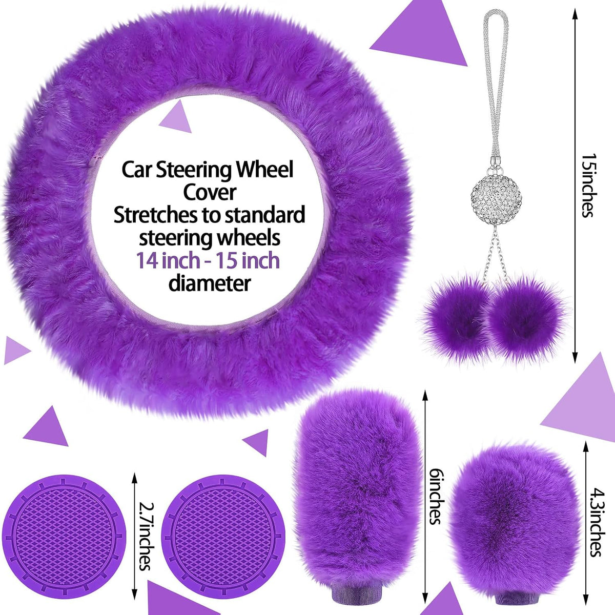tallew 17 pcs purple fluffy car seat cover showing dimensions