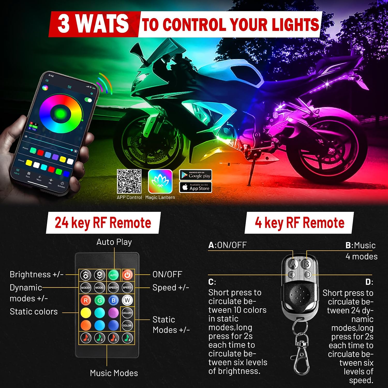 8Pcs Motorcycle LED Light Kit, 12 LEDs SMD Chips Magic-RGB Multicolor Lights, Underglow Kit with APP/RF Remote Control, Fit Most Motorcycles, ATV, UTV