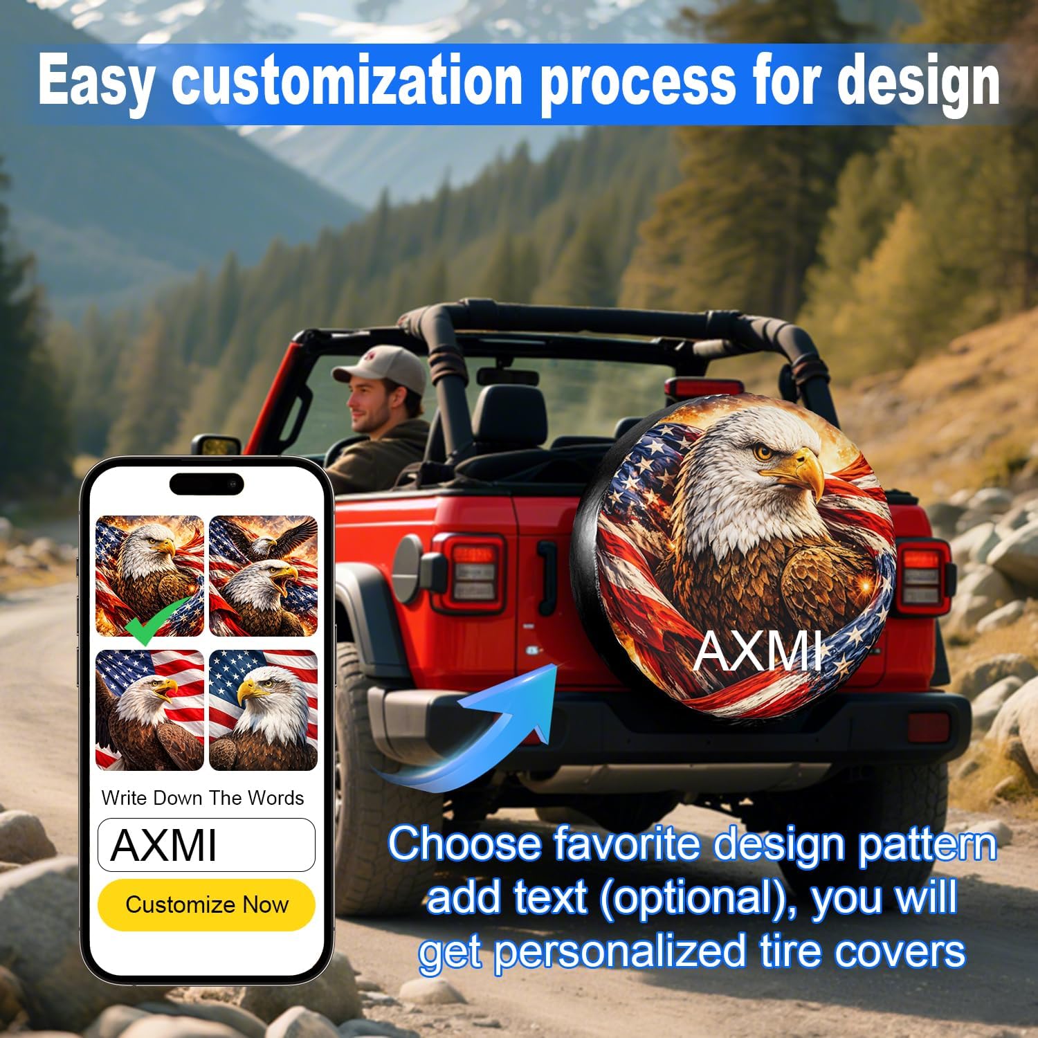 Custom Spare Tire Cover with Text, Personalized Waterproof American Flag & Bald Eagle Tire Cover for Jeep Wrangler, RV, Trailer 14" 15" 16" 17" Patriotic Outdoor Car Accessory