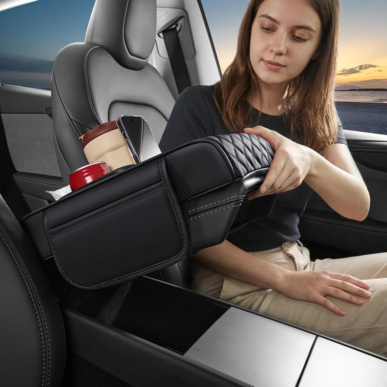 5 in 1 Nappa Leather Console Armrest Cover, Black | Built-in cup holder, tissue slot, phone holder & 2 storage pockets, practical car accessories fit SUV sedan truck