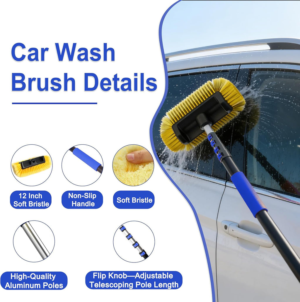 18FT Reach Car Wash Brush with Long Handle, 3 to 12 FT Car Cleaning Brush with Soft Bristle, Aluminium Telescoping Pole for Solar Panel, House Siding, SUV, Cars, Trucks, RV, Floors, Navy