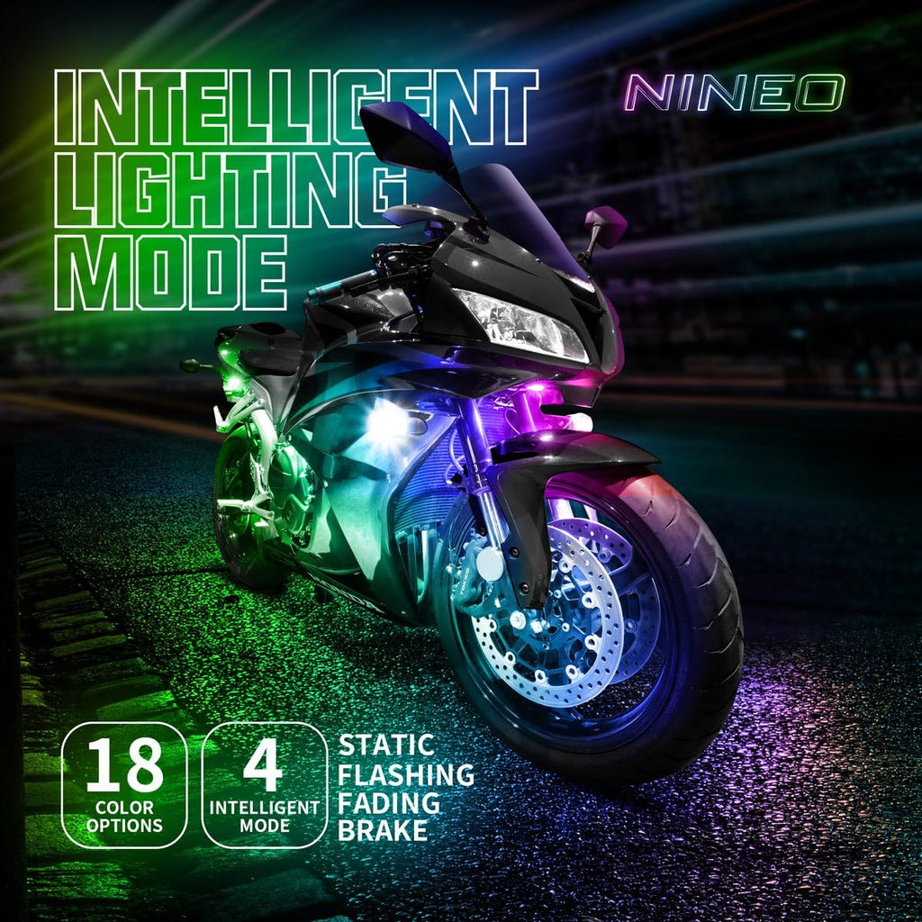 NINEO 8PCS Motorcycle RGB Led Light Kit, Multi-Color Atmosphere Underglow Lights with Memory Function and Red Brake Light, Fit for Street Glide, Road Glide, Sportster, Dyna, Softail, Iron, Touring