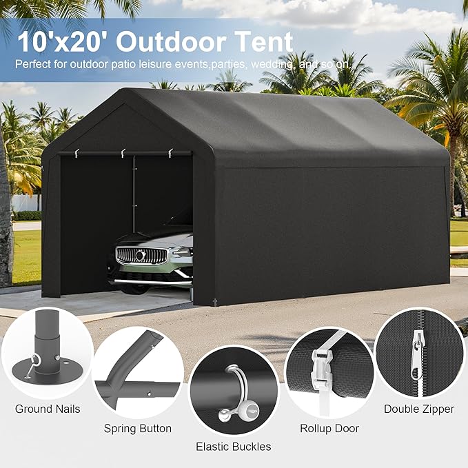 Carport 10x20 Heavy Duty Portable Garage w/Removable Sidewalls & Roll-Up Door - Image 2