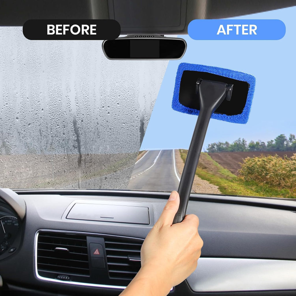 6PCS Windshield Cleaning Tool Car Window Cleaner with 5 Reusable and Washable Microfiber Pads and Extendable Handle Auto Inside Glass Wiper Kit Green (Blue)