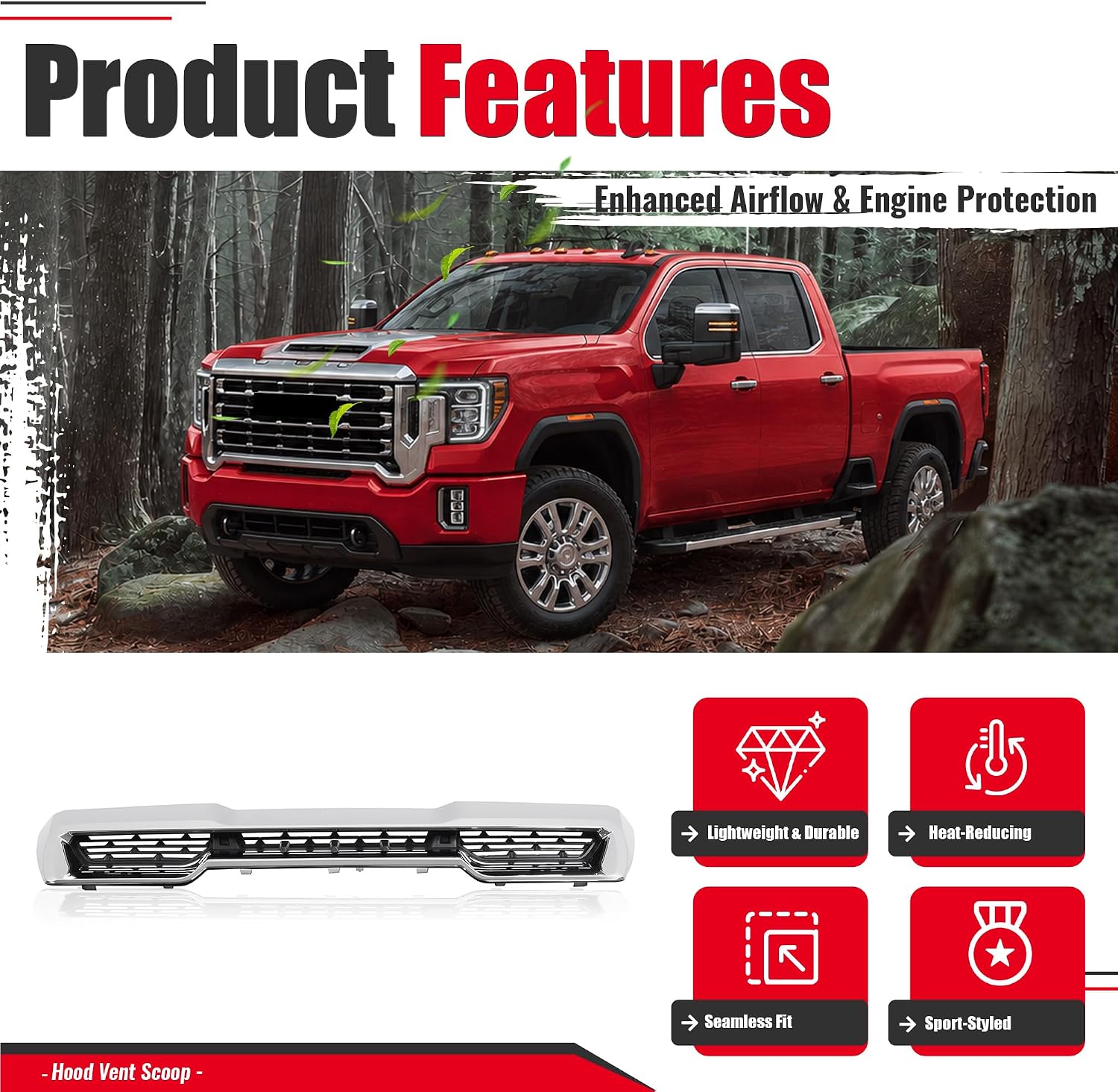 Front Upper Hood Scoop Vent Compatible with 2020-2023 GMC Sierra 2500 HD/3500 HD Replacement for 84802216 Air Vent Hoods Plastic (ABS+PP) Chrome Silvery+Black