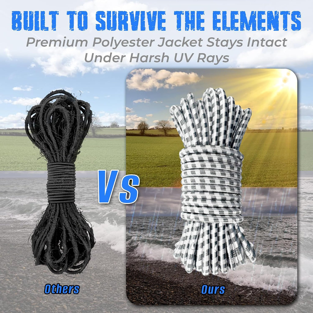 5/16" (8 mm) x 33FT Heavy Duty Bungee Cords - Marine Grade Polyester Shock Cord for Outdoor, Kayak & Tarp - 100% Natural Latex Core Elastic Cord, High-Stretch Bungee Rope & Bungie Cords