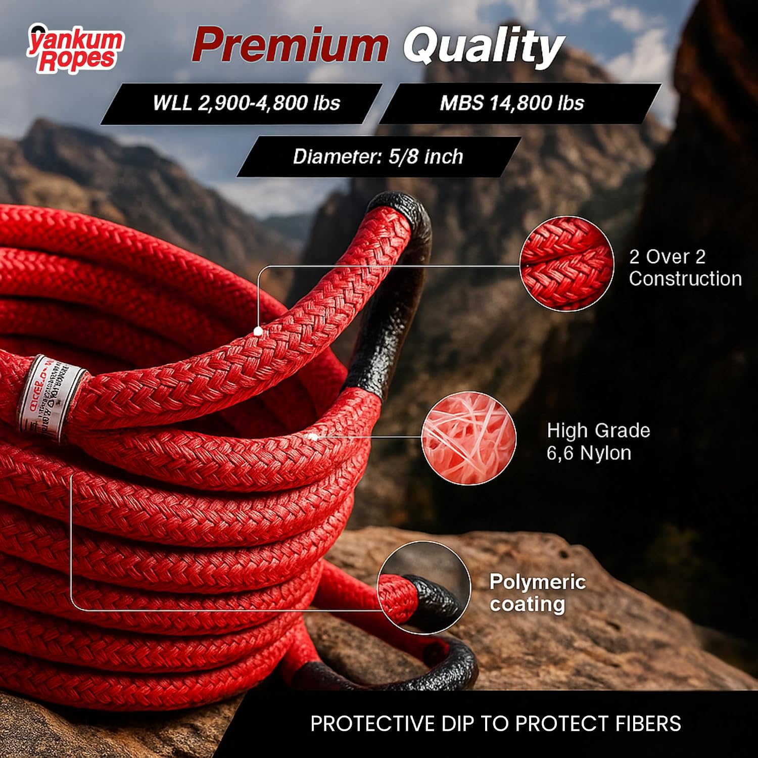 Yankum Kinetic Recovery Rope 1”x30’, 2 Soft Shackle 7/16” & Nylon Bag (Medium) – Heavy Duty Tow Rope, Synthetic Recovery Shackle, Waterproof Tool Bag for Off-Road, Jeep, Truck Recovery, Made in USA