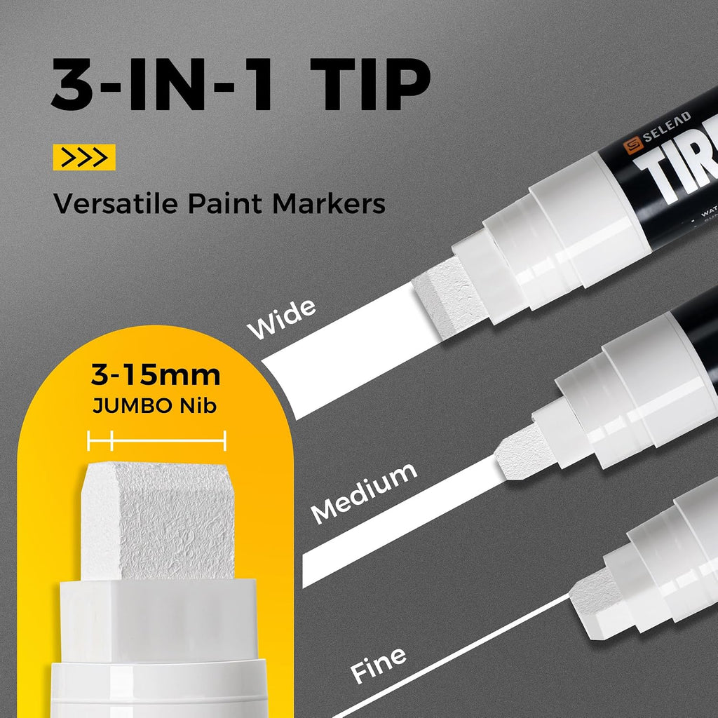 SELEAD Jumbo Tire Marker White - 4 Pack 15mm Wide Tip Paint Pens for Car Tires Lettering, Large Capacity Premium Ink Waterproof Permanent Markers