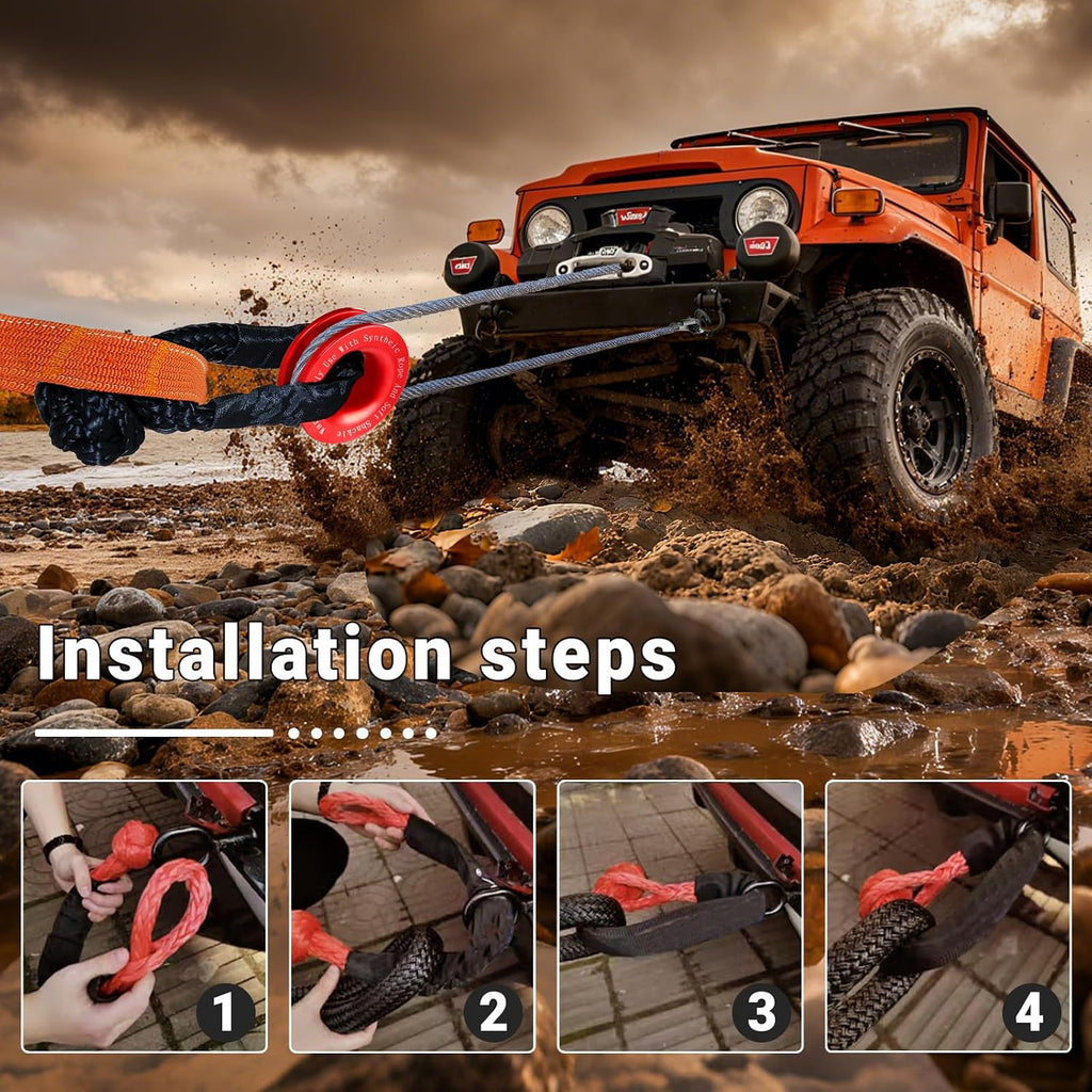 Synthetic Soft Shackle Rope 1/2 x 22 Inch Orange Recovery Tow Shackles with Red Snatch Recovery Ring 56,000lbs Breaking Strength Offroad Soft Shackle Recovery Kit for Off-Road ATV UTV Vehicles