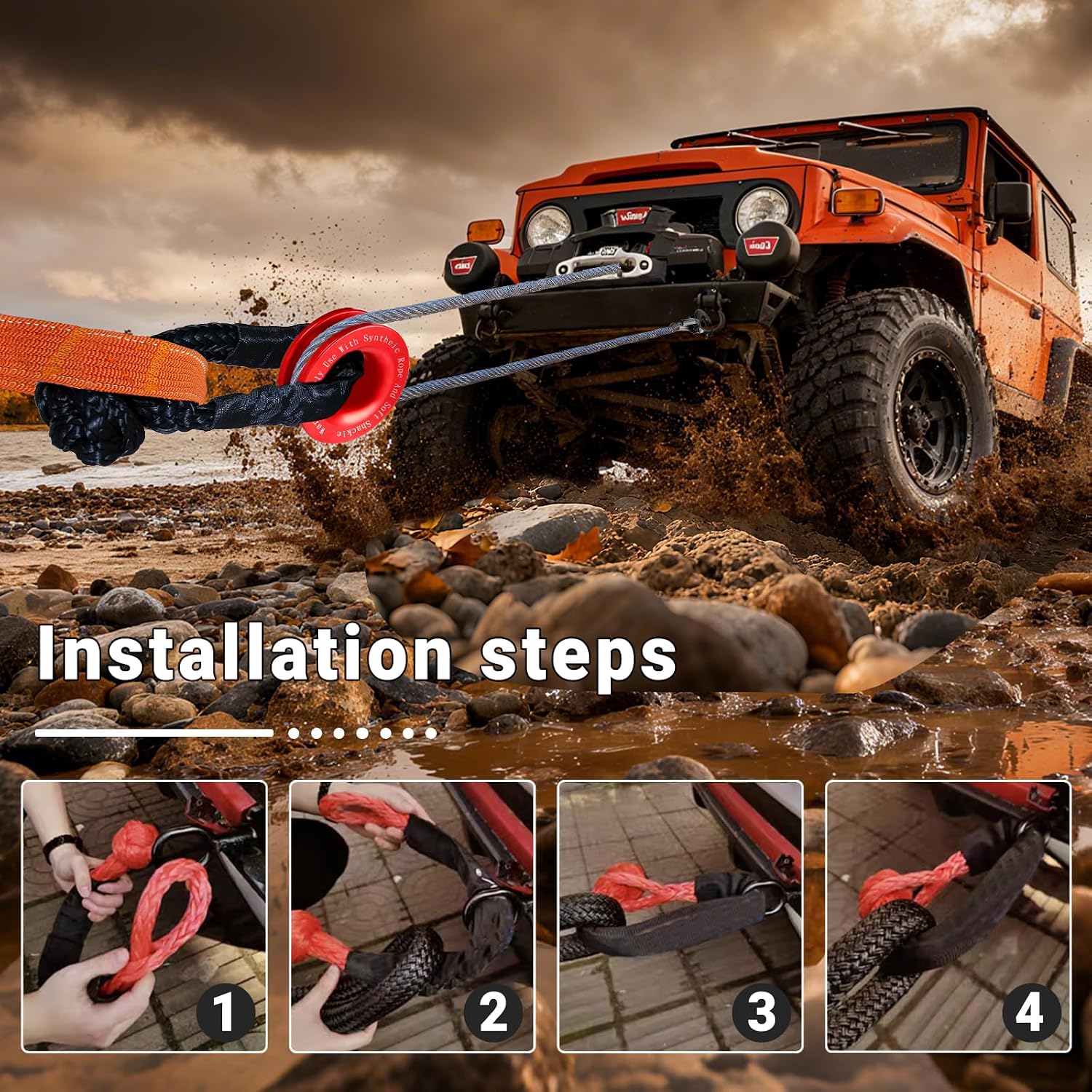 Synthetic Soft Shackle Rope 1/2 x 22 Inch Orange Recovery Tow Shackles with Red Snatch Recovery Ring 56,000lbs Breaking Strength Offroad Soft Shackle Recovery Kit for Off-Road ATV UTV Vehicles