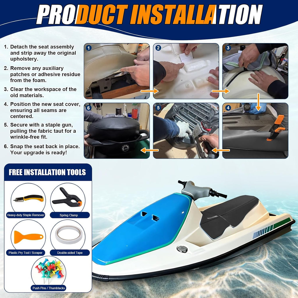 Seat Cover Fits for 1990-2000 SeaDoo GT/GTX/GTS/GTI | 3-Layer Custom Fit 1.2mm Faux Leather: Waterproof, Filter Inner, Tough Base. Staple Install (Basic Setup Kit Included)