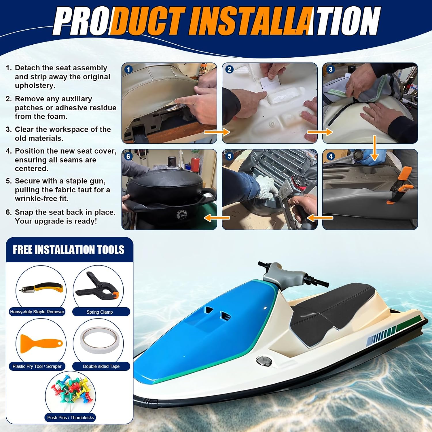 Seat Cover Fits for 1990-2000 SeaDoo GT/GTX/GTS/GTI | 3-Layer Custom Fit 1.2mm Faux Leather: Waterproof, Filter Inner, Tough Base. Staple Install (Basic Setup Kit Included)