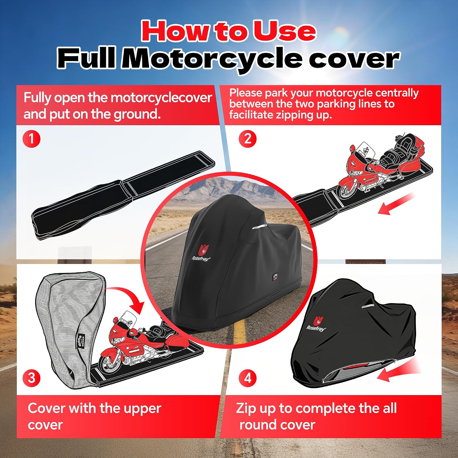 Full Enclosed Motorcycle Cover,600D Waterproof Motorcycle Cover Outdoor/Indoor UV Resistant with Reflective Strips Fits Length up to 96.5" Motorcycles Yamaha Honda Harley Suzuki Black