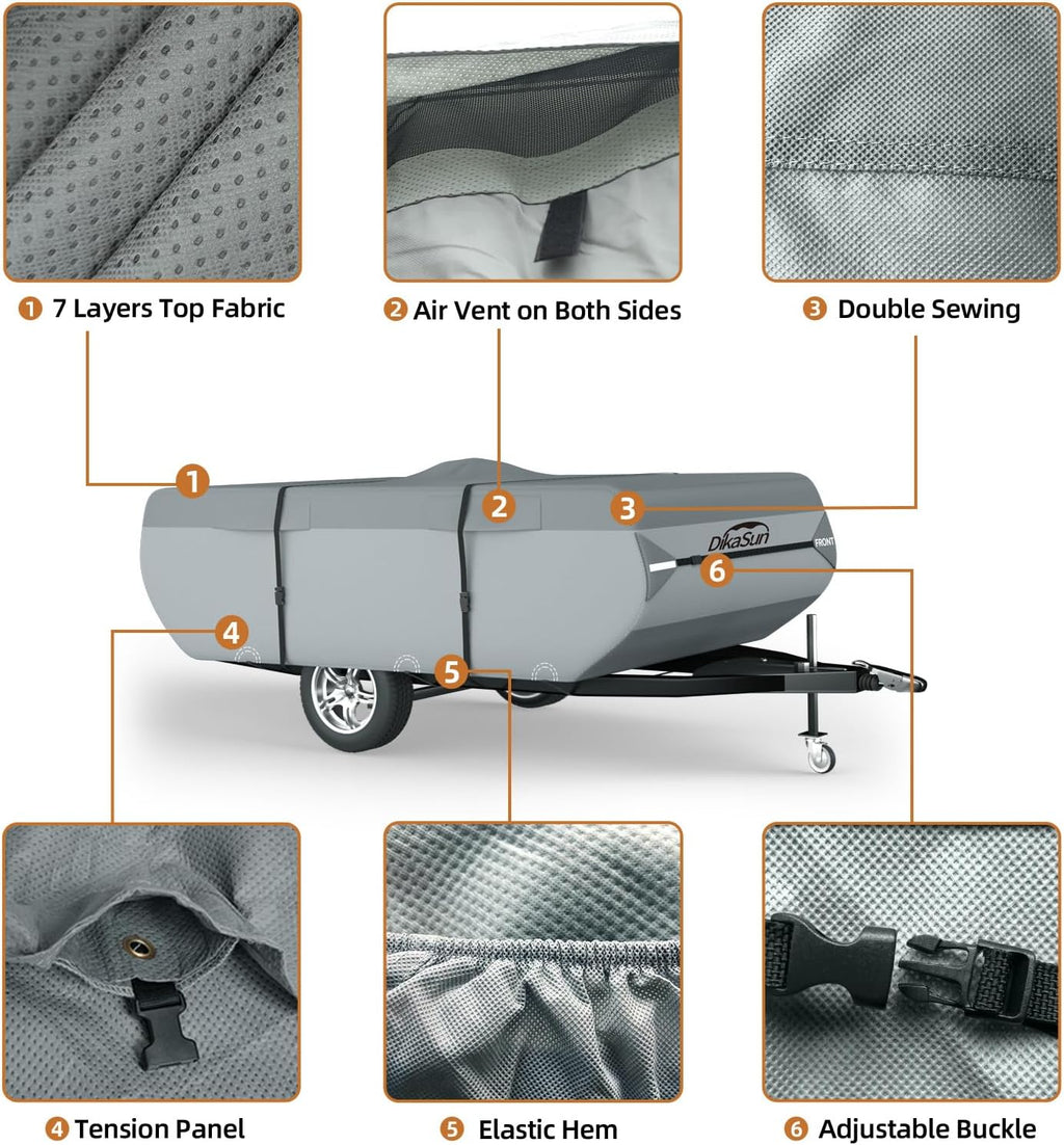 Pop Up Camper Cover 12'-14', 7 Layers Waterproof Pop-up Tent Trailer Cover Anti-UV Folding Camper RV Cover for Motor Home