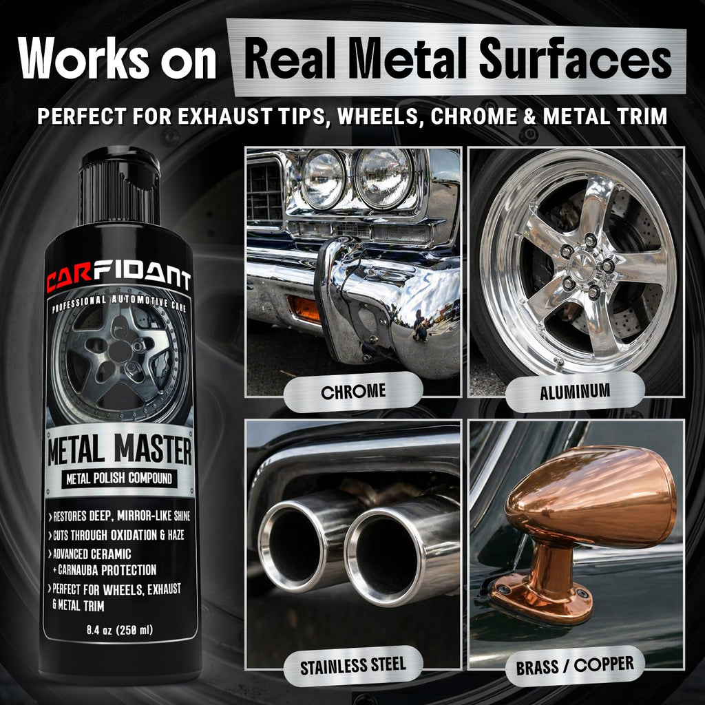 Metal Polish Kit with Applicator Pad – Restores Shine & Removes Oxidation on Chrome, Aluminum & Stainless Steel – Carnauba + Ceramic Protection – Metal Cleaner & Polish – 8.4 oz