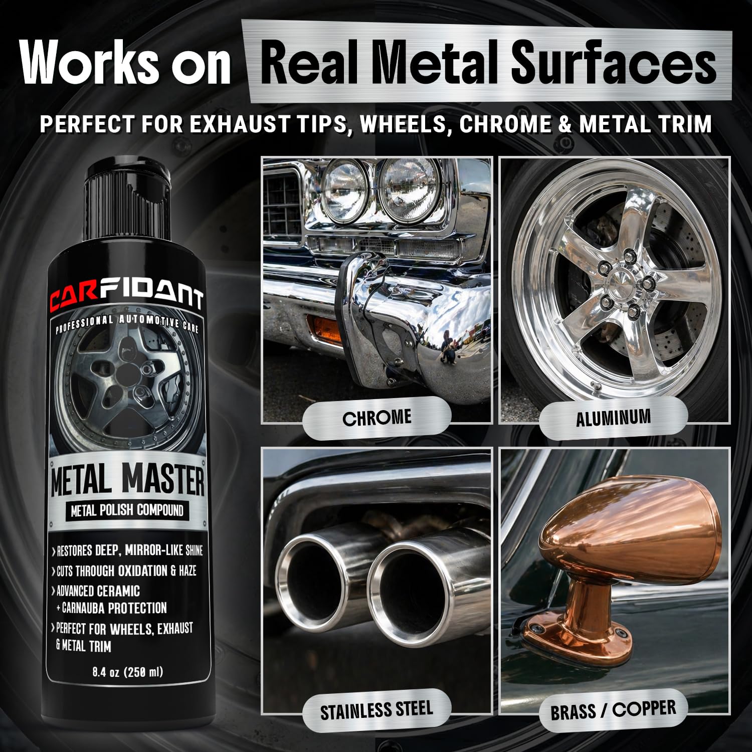 Metal Polish Kit with Applicator Pad – Restores Shine & Removes Oxidation on Chrome, Aluminum & Stainless Steel – Carnauba + Ceramic Protection – Metal Cleaner & Polish – 8.4 oz