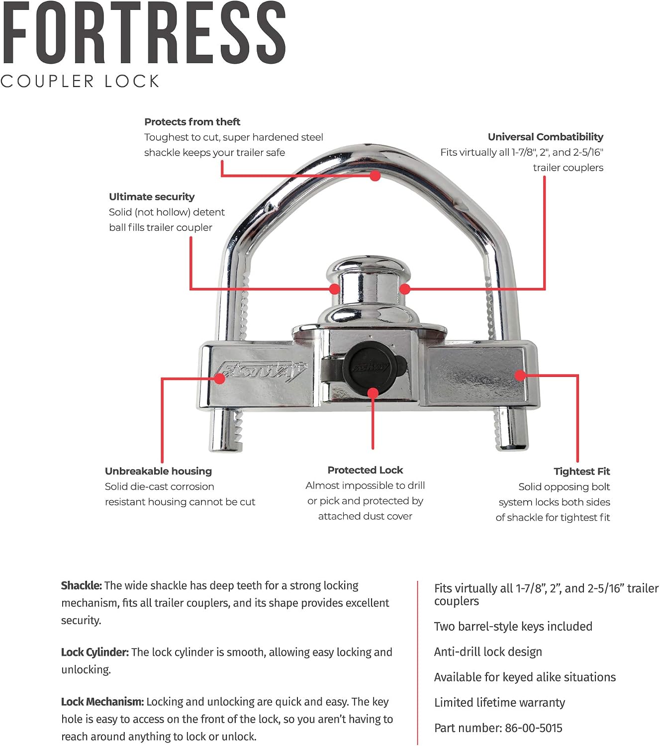 Fastway Fortress 86-00-5015 Maximum Security Universal Coupler Lock for 1 7/8 Inch, 2 Inch and 2 5/16 Inch Couplers