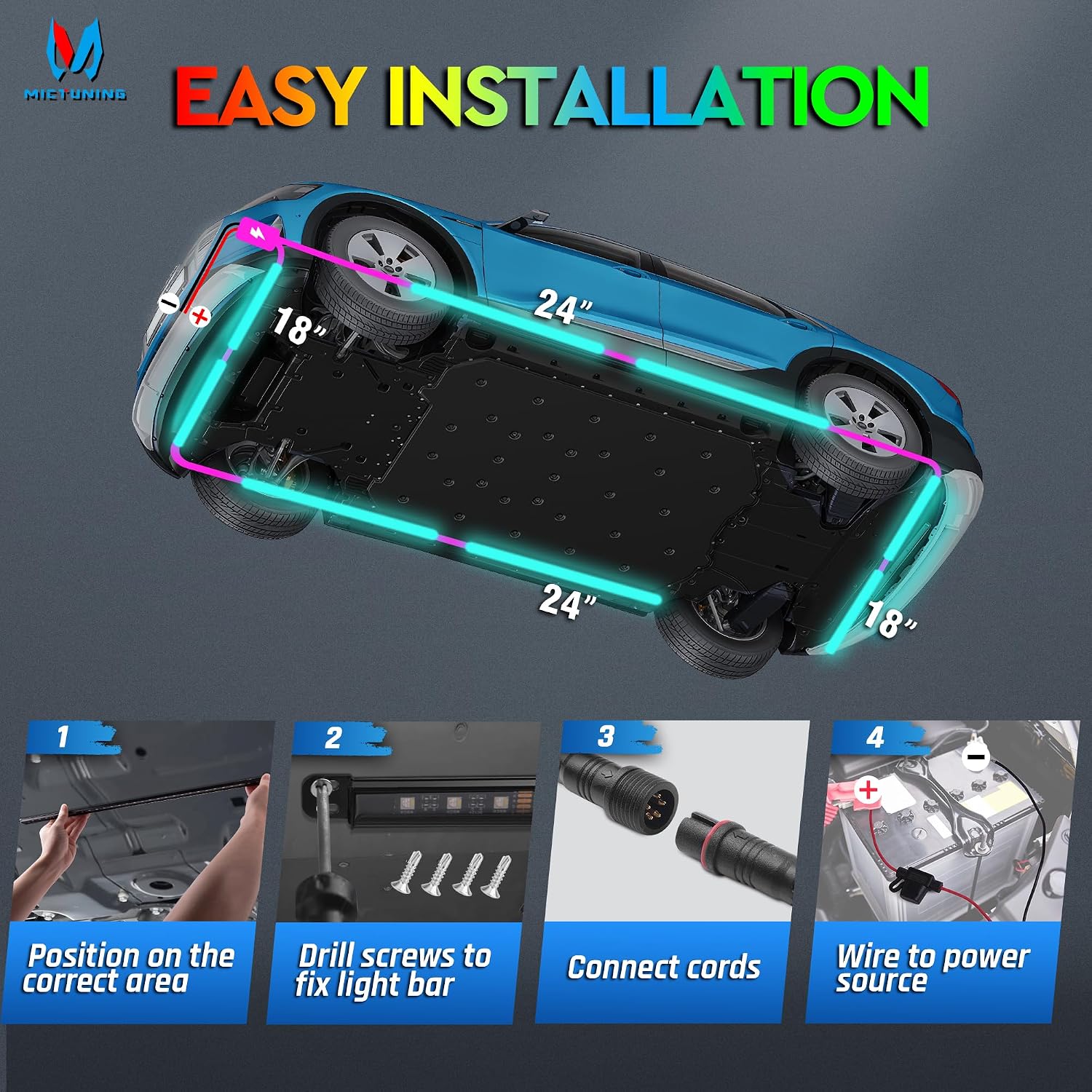 MICTUNING N8 Aluminum RGBW Car Underglow Light Kit with APP & Remote Control, Multi Mode Soundsync Neon Accent Light Bar, IP68 Waterproof,Multicolor Easter Gift