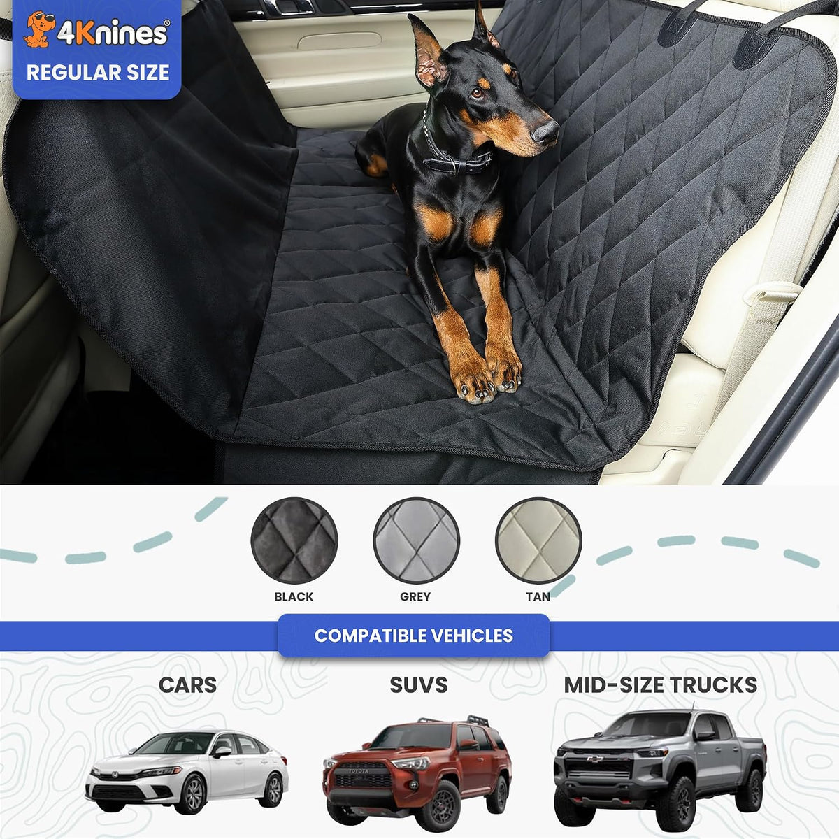 4knines heavy-duty rear seat cover for dogs, black, side view