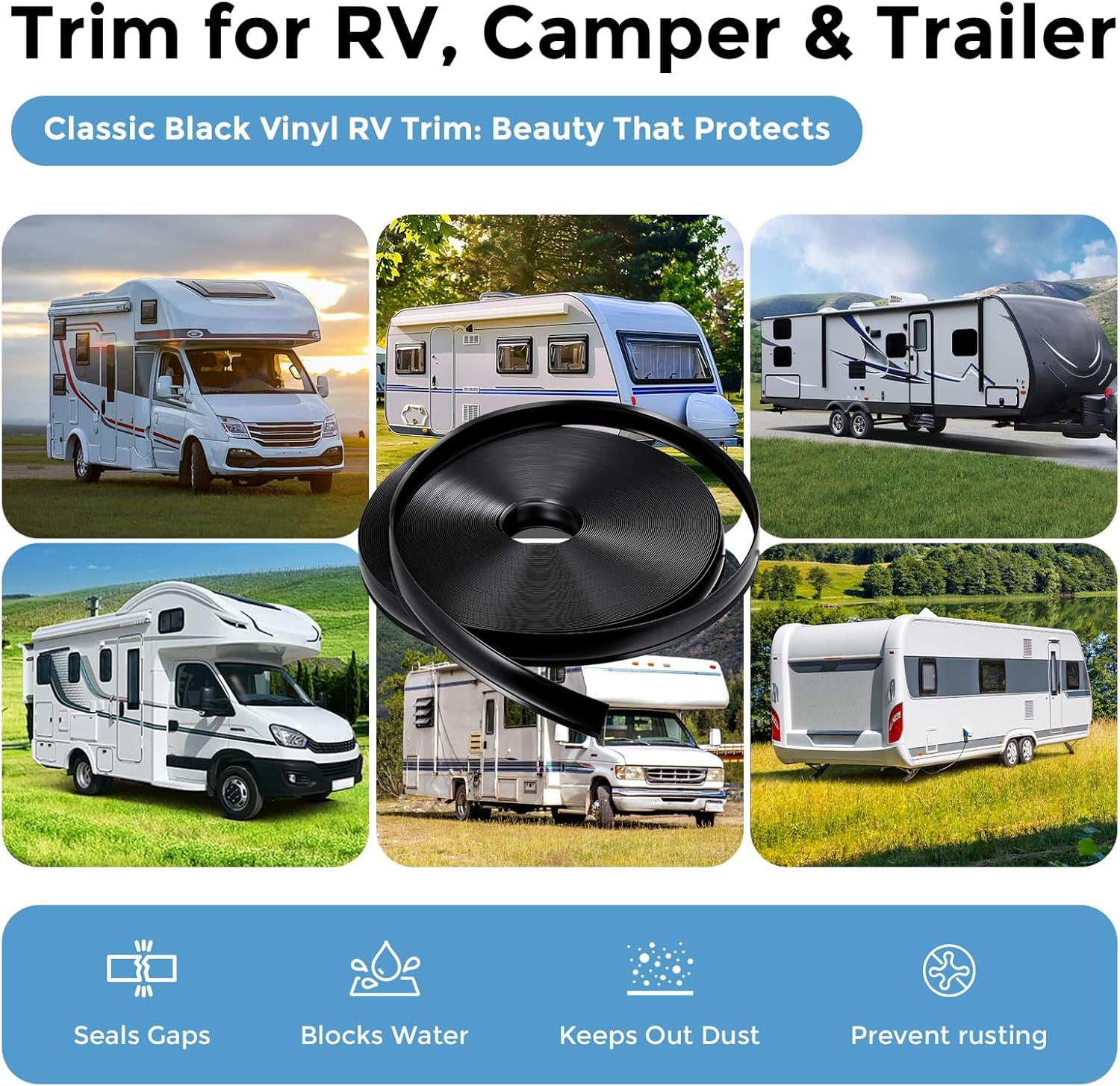 1" RV Vinyl Trim Molding Insert Black,for RV Camper Travel Trailer Screw Cover Gutter Corner Channel Outside Seam roof Edge Track Heavy Duty Trim (50 ft)