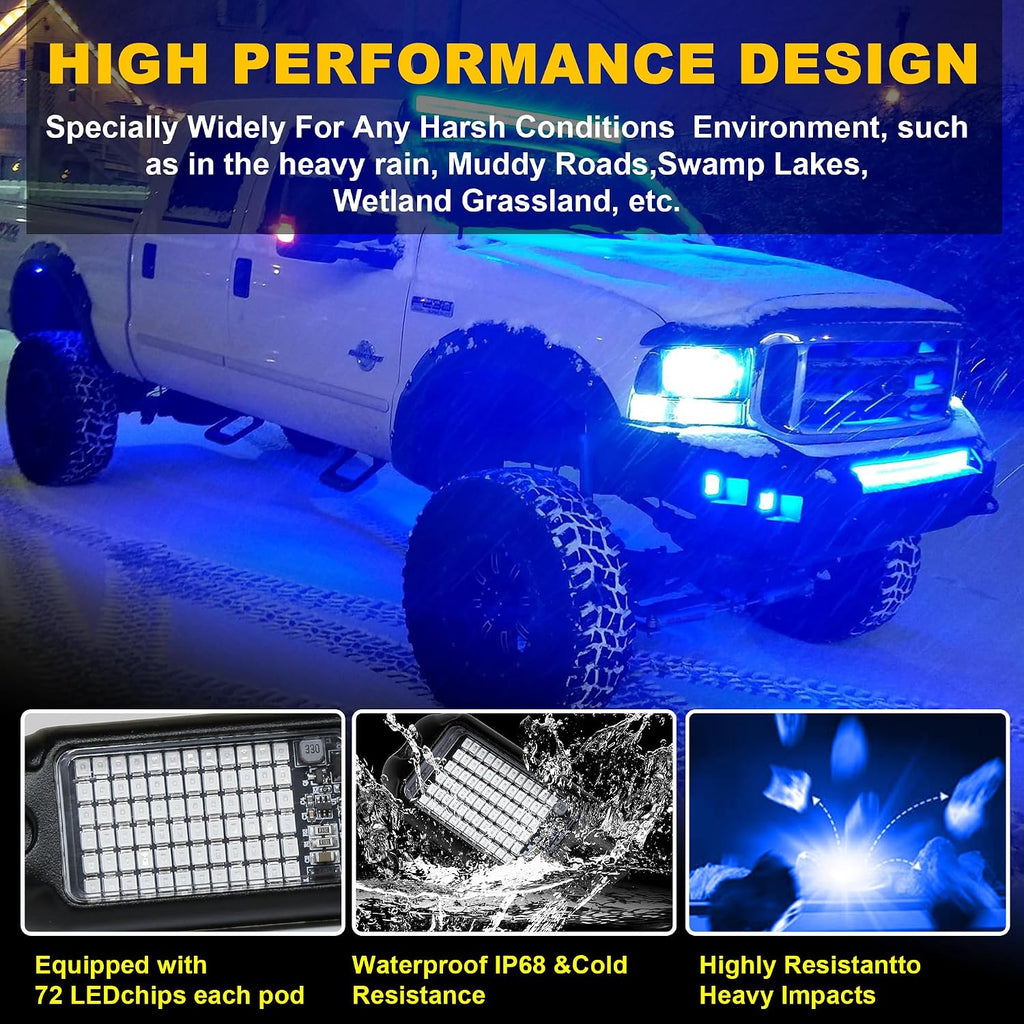 nicoko 4pods pure blue led rock lights 72w, side view
