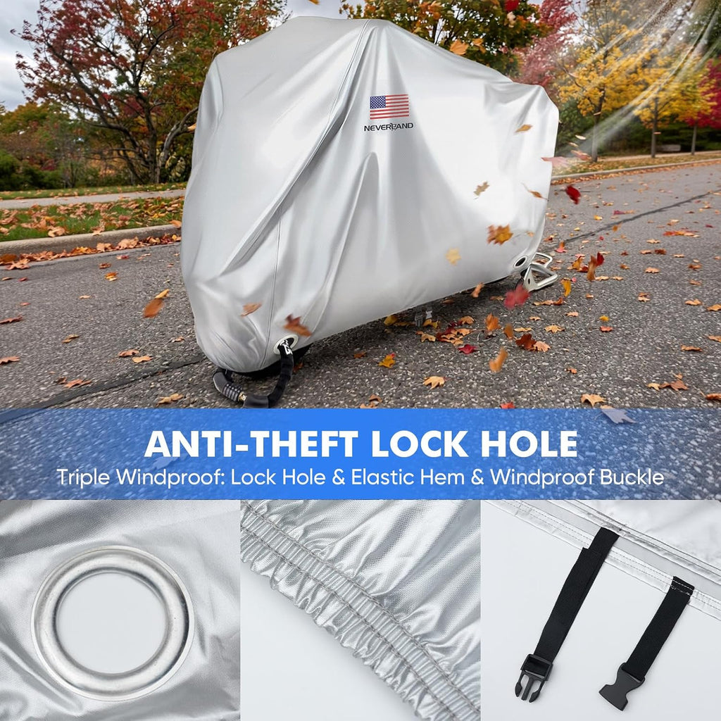 NEVERLAND Motorcycle Cover Waterproof Outdoor - Silver Heavy Duty Scooter Cover, Motorbike Cover with Refletive Logo, Lock-Hole, Bandage, Storage Bag-Protect Against Dust, Debris, Rain and Weather(L)