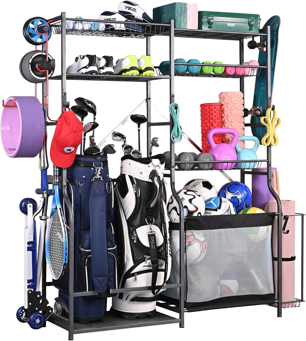PLKOW Golf Storage Ball Rack Garage Organizer, 2 Golf Bag Organizer and Other