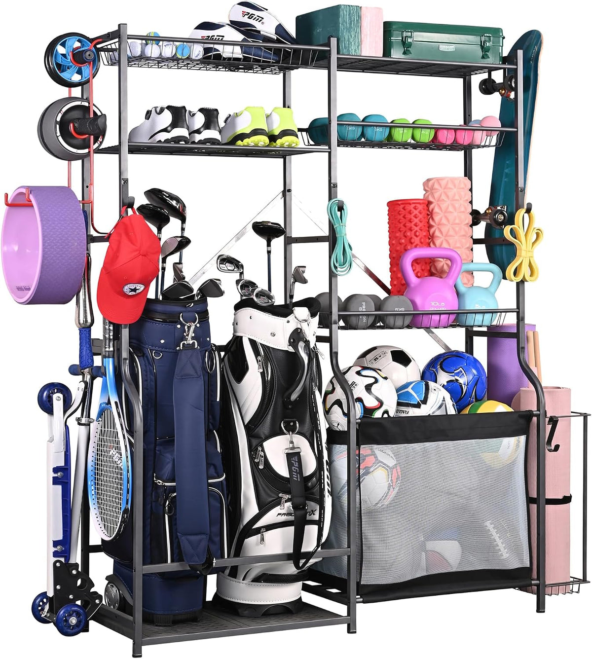 PLKOW Golf Storage Ball Rack Garage Organizer, 2 Golf Bag Organizer and Other