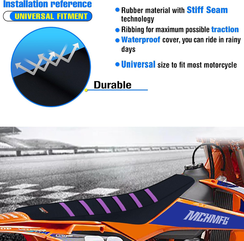 Motorcycle Universal Seat Cover Non-Slip Rubber Striped Gripper Soft Sewing for CRF WR WRF RMZ YZF SXF EXC EXC XC SX CR KLX Dirt Pit Bike Motocross Off Road Motorbike (Purple)