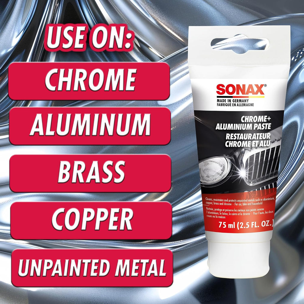 Sonax Chrome & Aluminum Paste | Gentle Cleaner & Protector for Chrome, Aluminum, Brass & Copper | Removes Rust & Corrosion | Restores Shine & Prevents Tarnishing | 308000 | 75ml